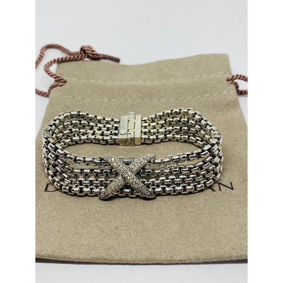 David Yurman 4 Strand 0.53ct Diamond " X " Sterling Silver Link Chain Bracelet - Picture 1 of 10